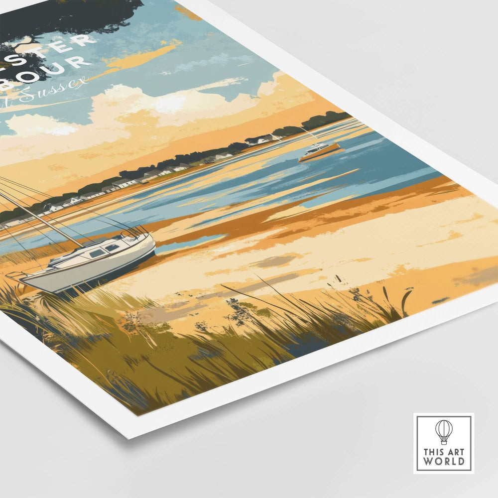 Chichester Harbour travel print featuring a serene landscape with boats and vivid sunset colors, ideal for nature lovers.