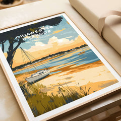 Chichester Harbour Travel Print showcasing a serene landscape with a sailboat in warm colors.