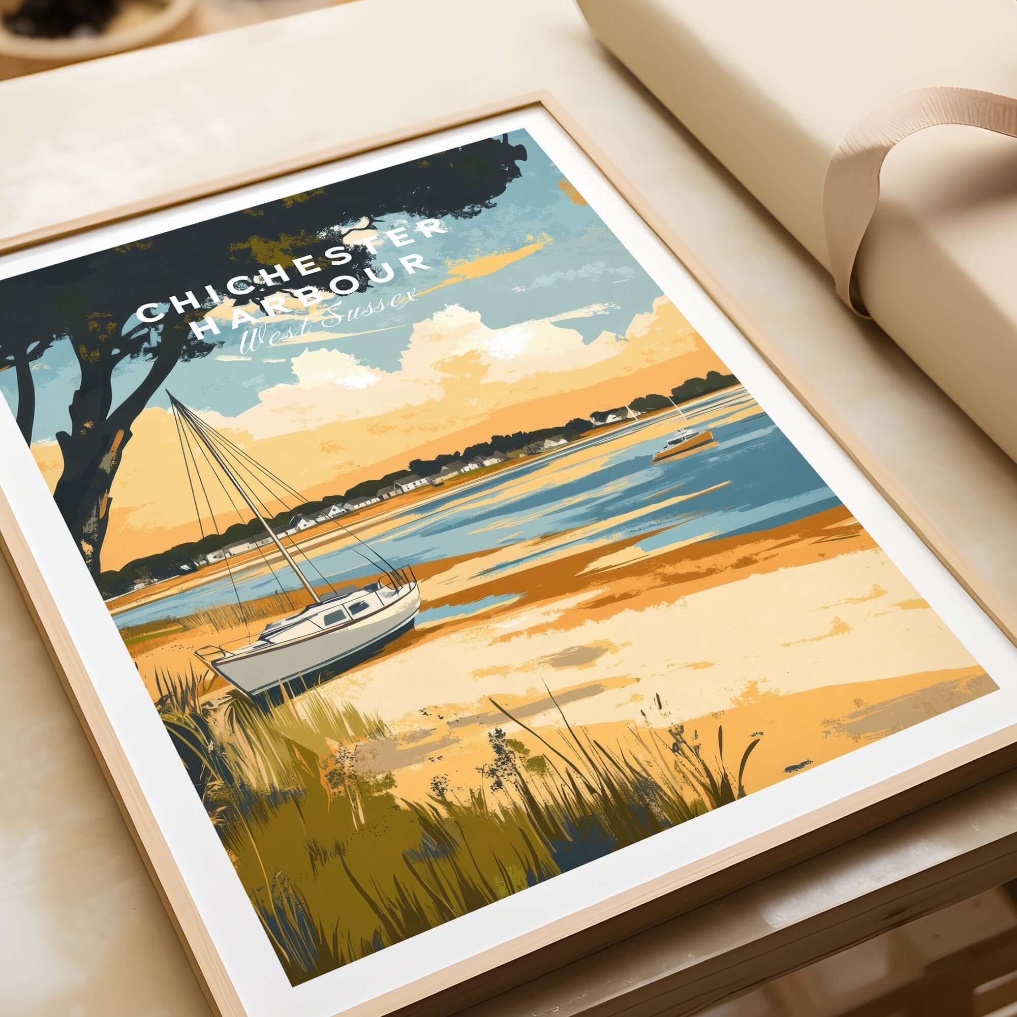 Chichester Harbour Travel Print showcasing a serene landscape with a sailboat in warm colors.