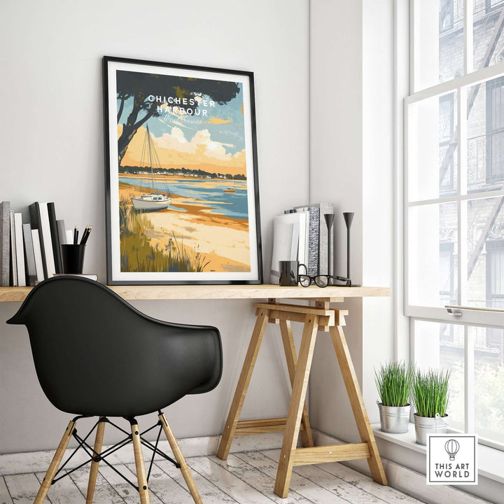 Chichester Harbour travel print displayed in a stylish home office setting with a modern chair and bright sunlight.