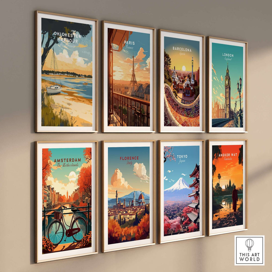 Collection of vibrant travel prints featuring Chichester Harbour, Paris, Barcelona, London, Amsterdam, Florence, Tokyo, and Angkor Wat.