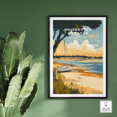 Chichester Harbour Travel Print framed art featuring a serene boating scene with vibrant colors and a tropical green backdrop.