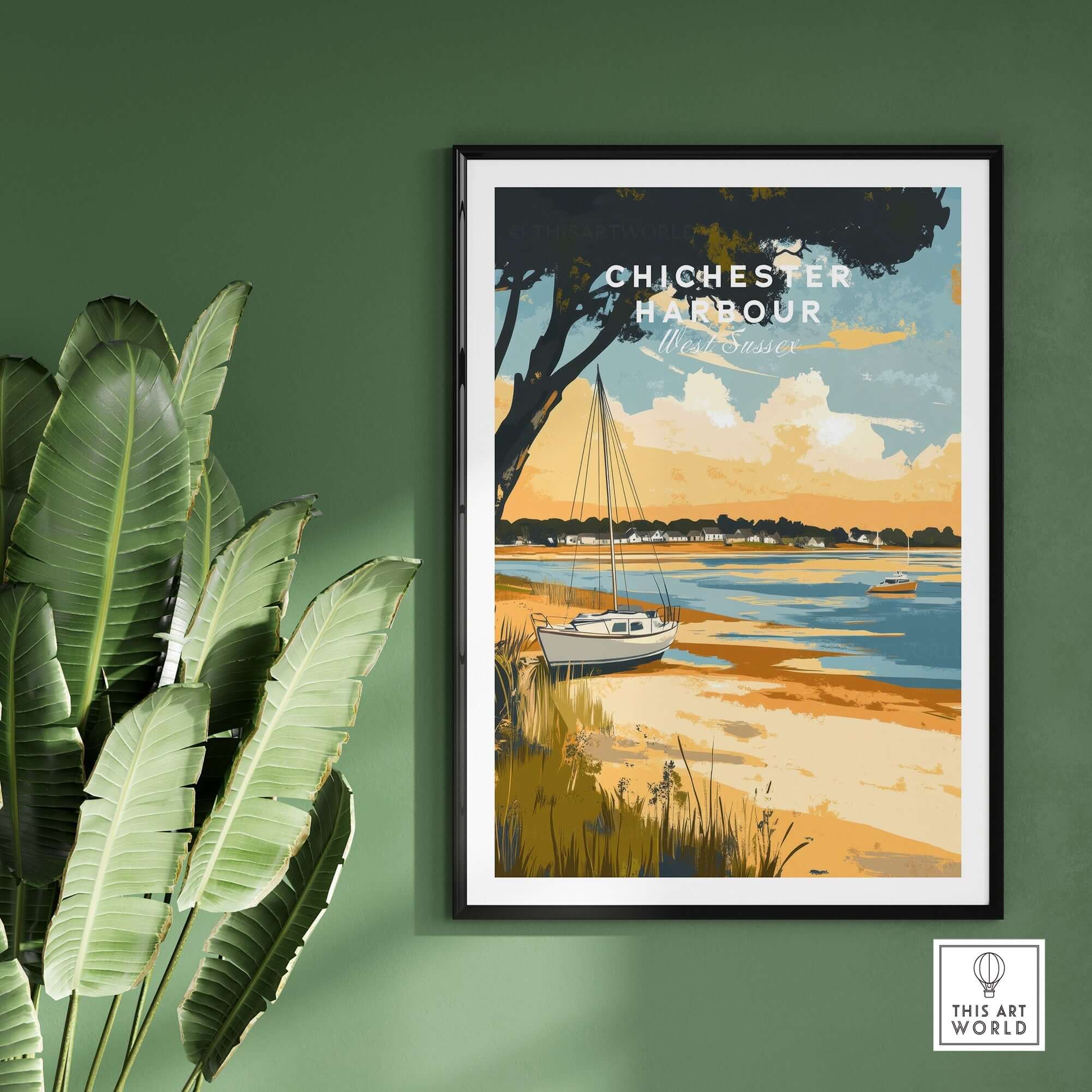 Chichester Harbour Travel Print framed art featuring a serene boating scene with vibrant colors and a tropical green backdrop.