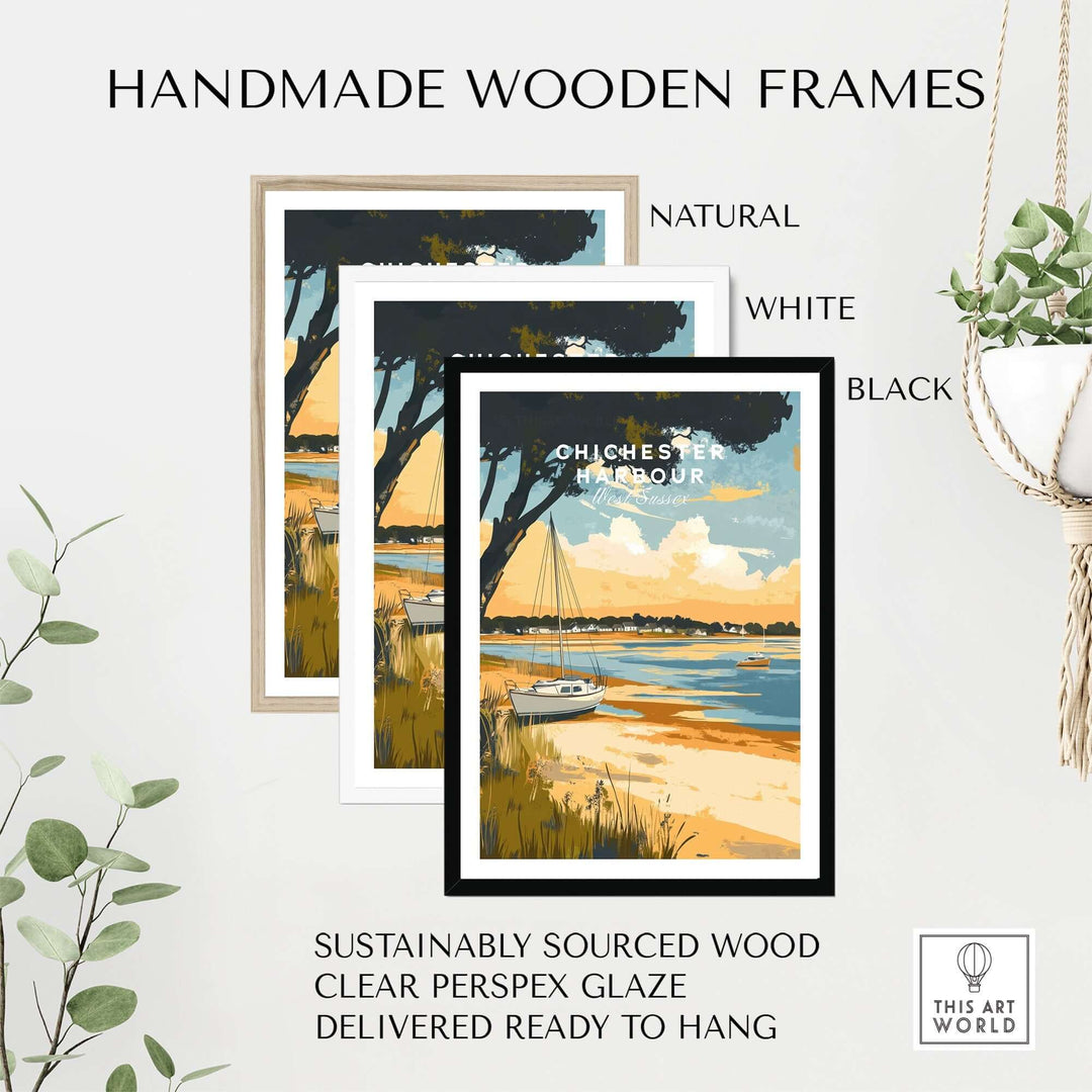 Chichester Harbour travel print displayed in three handmade wooden frames: natural, white, and black, with greenery in the background.