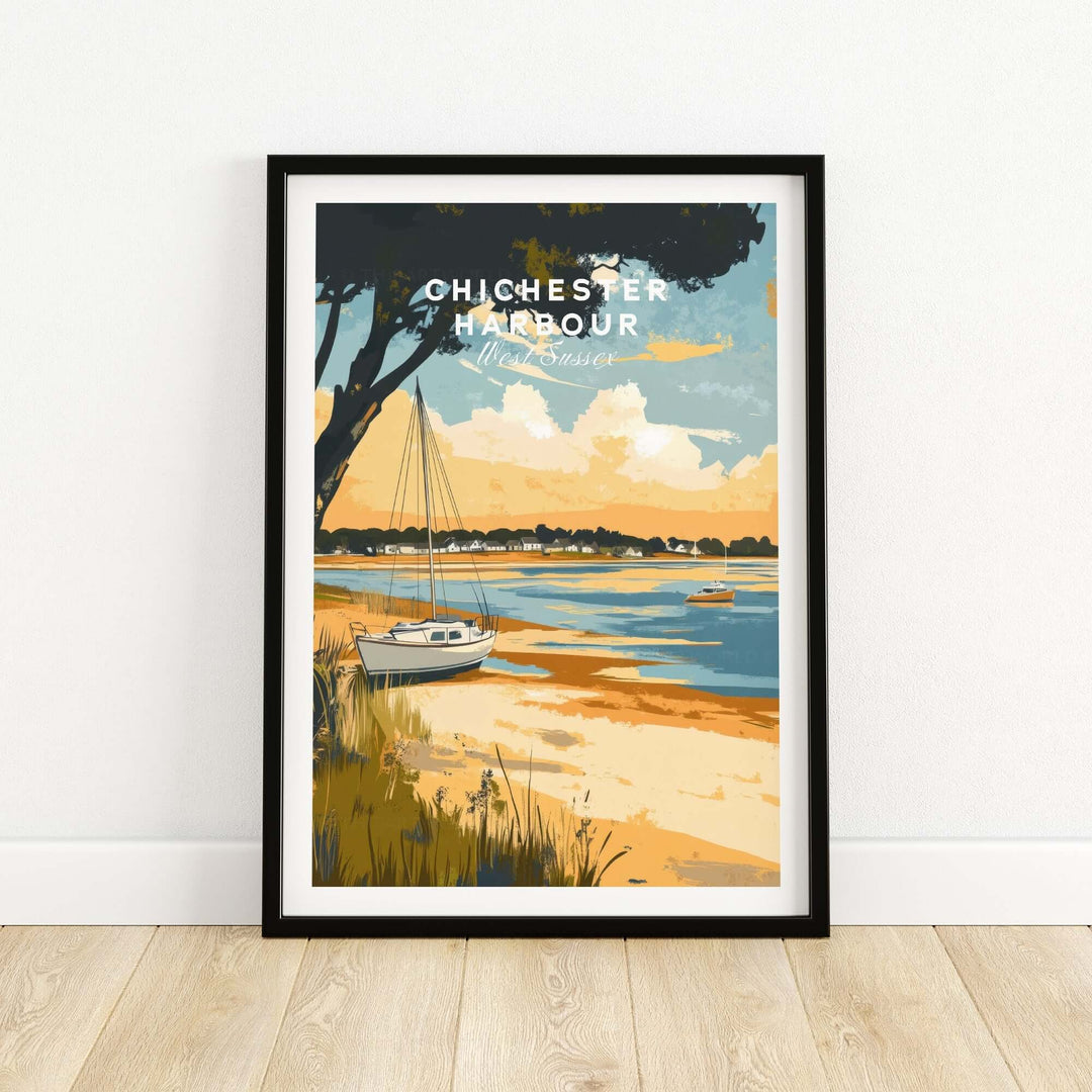 Chichester Harbour travel print featuring a serene landscape with a boat by the shore and vibrant colors. Perfect for nature lovers.