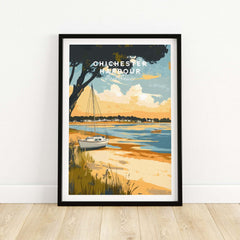 Chichester Harbour Travel Print showcasing a serene coastal scene with a boat and vibrant landscape.