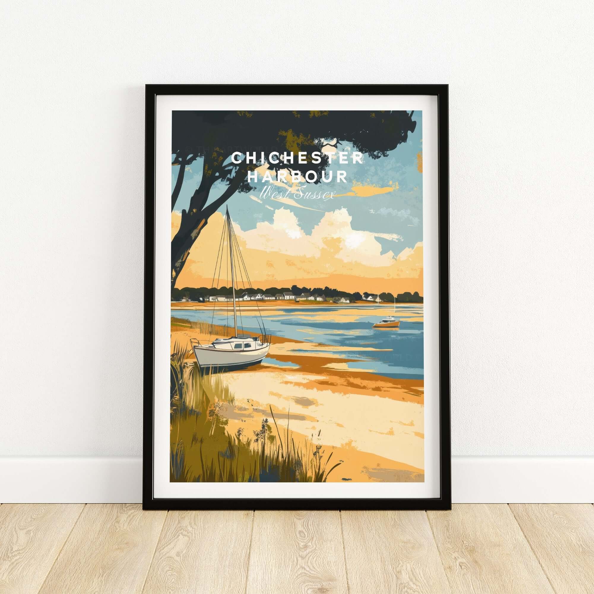 Chichester Harbour Travel Print showcasing a serene coastal scene with a boat and vibrant landscape.
