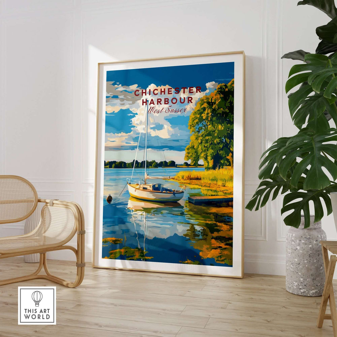 Chichester Harbour wall art featuring a serene coastal scene with a boat and vibrant colors, ideal for home decor.