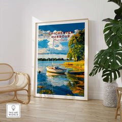 Chichester Harbour Wall Art featuring a serene coastal scene with a boat and vibrant colors, perfect for home decor.