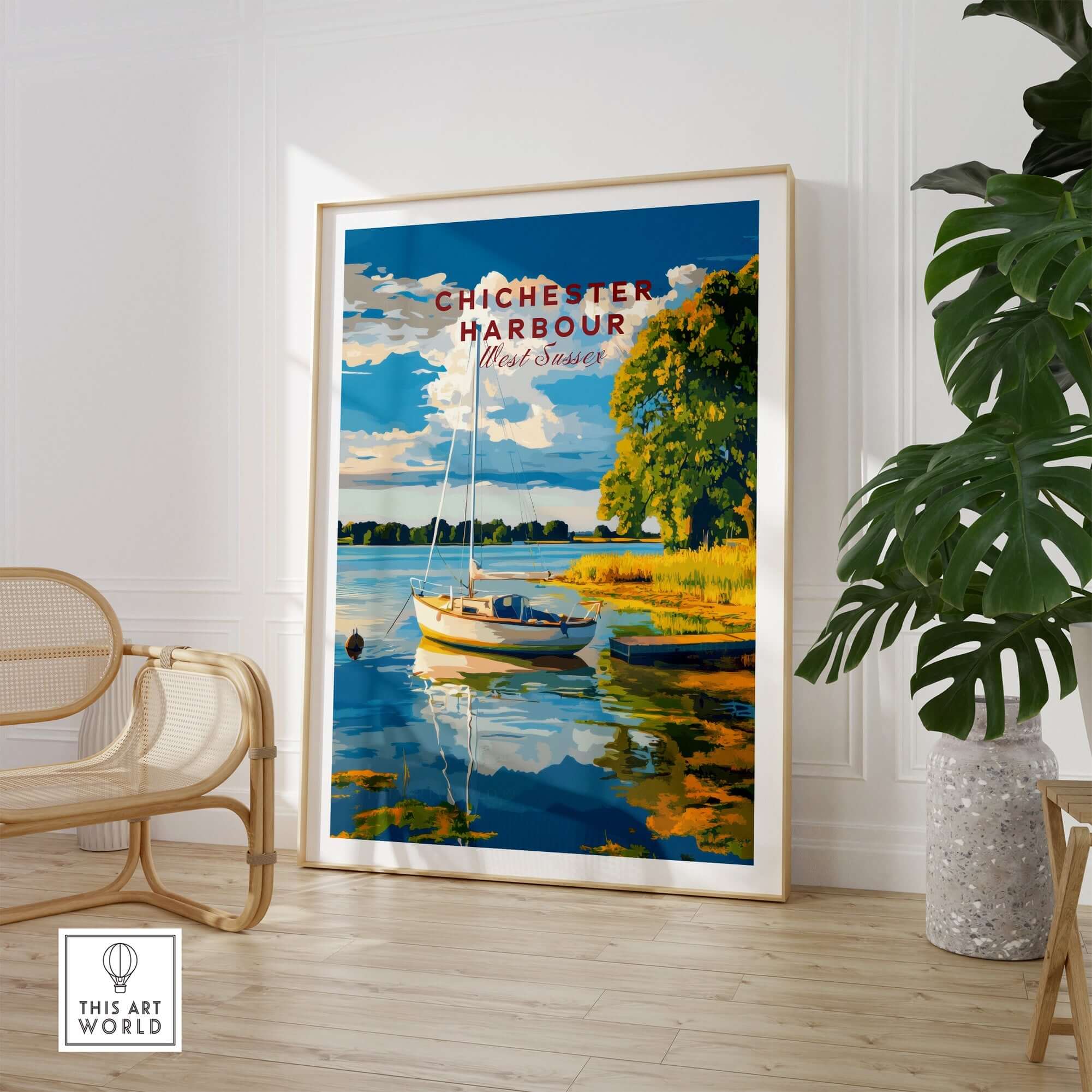 Chichester Harbour Wall Art featuring a serene coastal scene with a boat and vibrant colors, perfect for home decor.