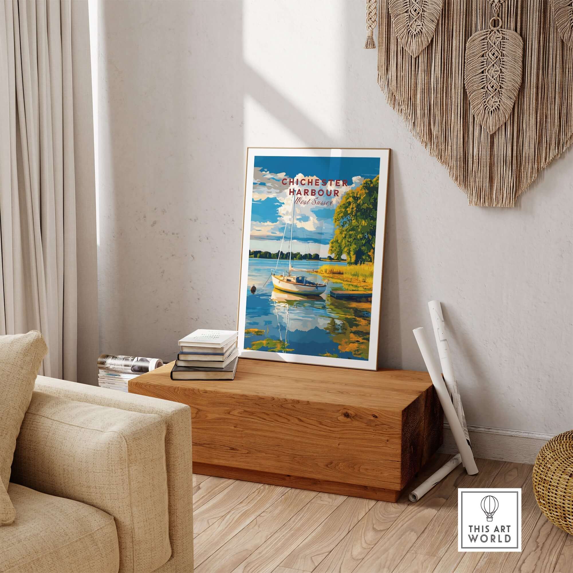 Chichester Harbour Wall Art displayed in a cozy living room setting, featuring vibrant colors and serene coastal scenery.