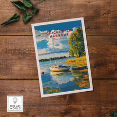 Chichester Harbour Wall Art featuring a serene boat scene and vibrant colors on a wooden table background.