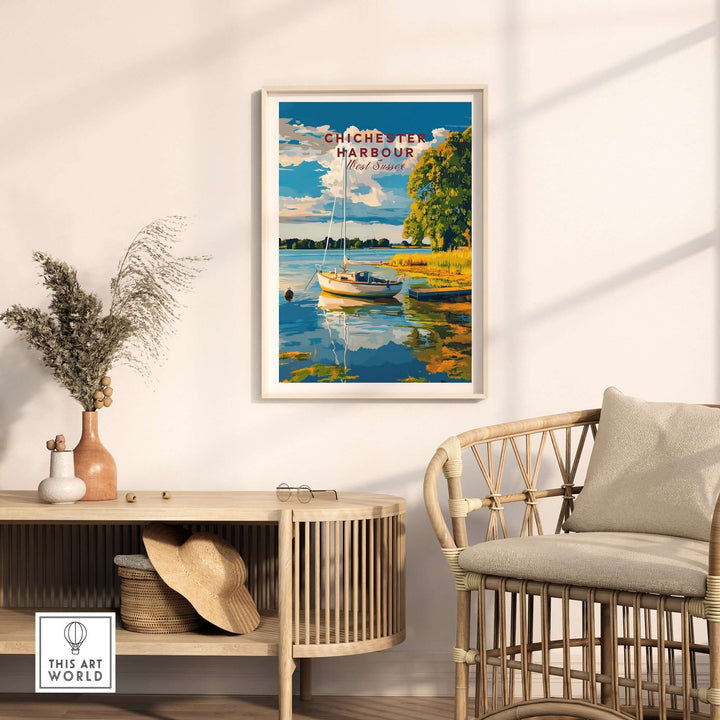 Chichester Harbour wall art featuring a serene sailing scene with vibrant colors and peaceful reflections, perfect for home decor.