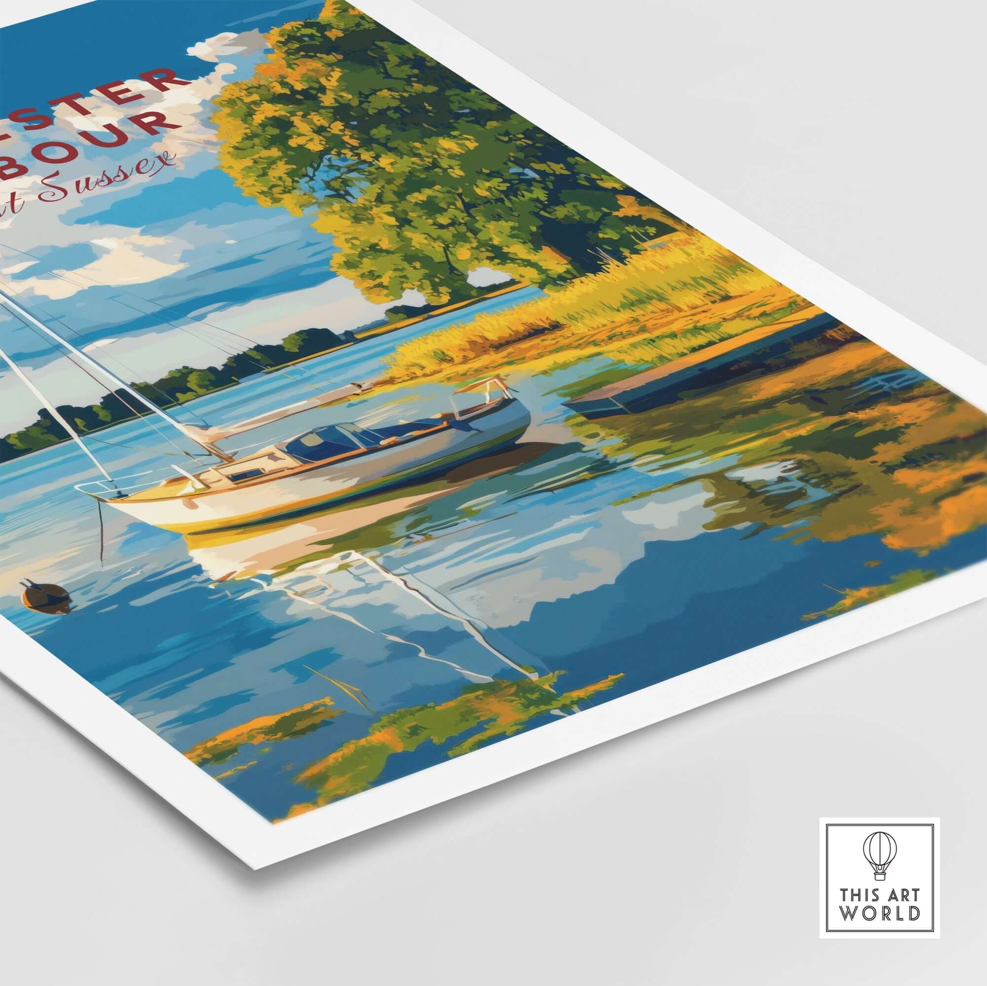 Chichester Harbour Wall Art featuring a serene boat scene on calm waters, vibrant colors reflecting the peaceful landscape.