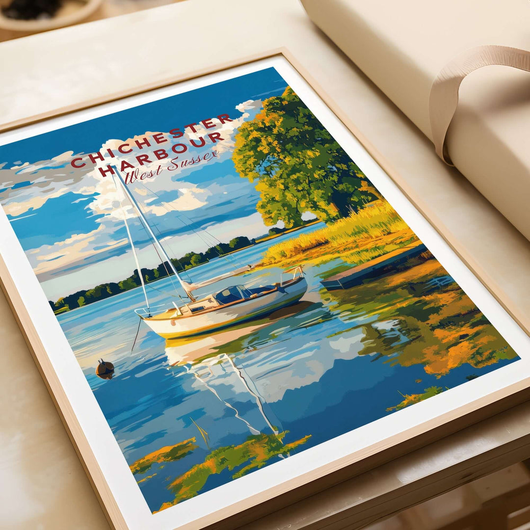 Chichester Harbour wall art featuring a vibrant coastal scene with a boat and serene reflections in water.