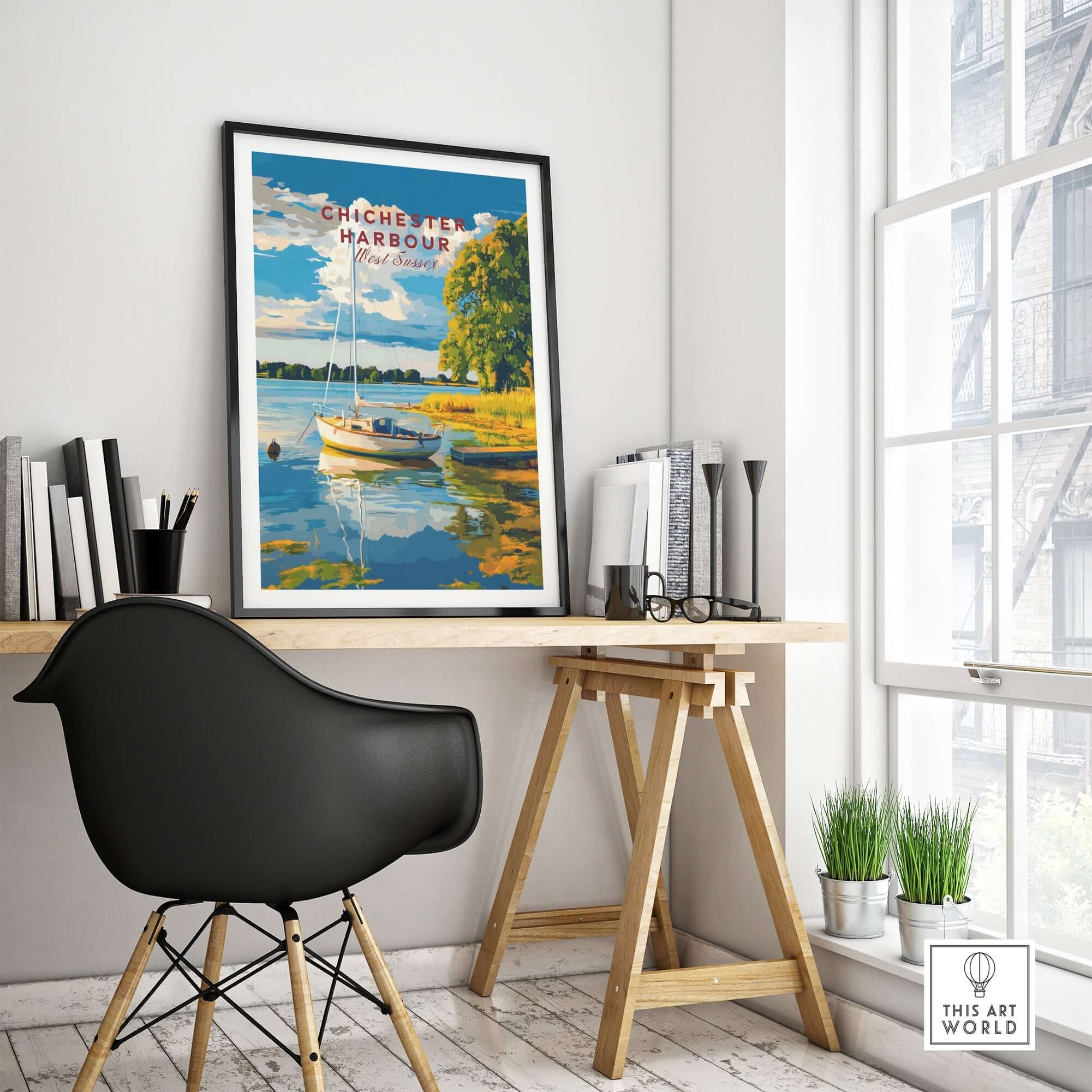 Chichester Harbour Wall Art displayed in a modern office setting, featuring vibrant colors and serene coastal scenery.