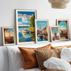 Chichester Harbour Wall Art collection displayed in stylish frames, showcasing vibrant coastal scenery.