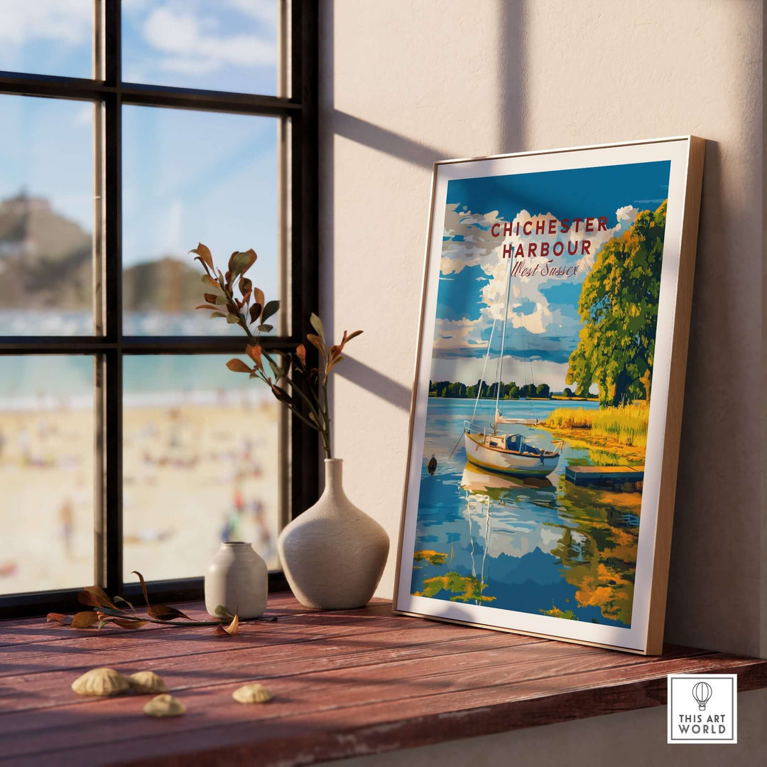 Framed Chichester Harbour wall art depicting a serene coastal scene with a boat and vibrant colors in a stylish interior setting.