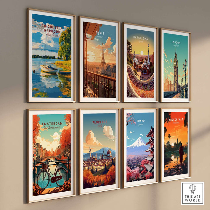 Colorful wall art collection featuring Chichester Harbour, Paris, Barcelona, London, Amsterdam, Florence, Tokyo, and Sydney.