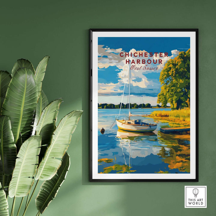 Chichester Harbour wall art featuring a serene sunset scene with a boat and vibrant colors, perfect for home decor.