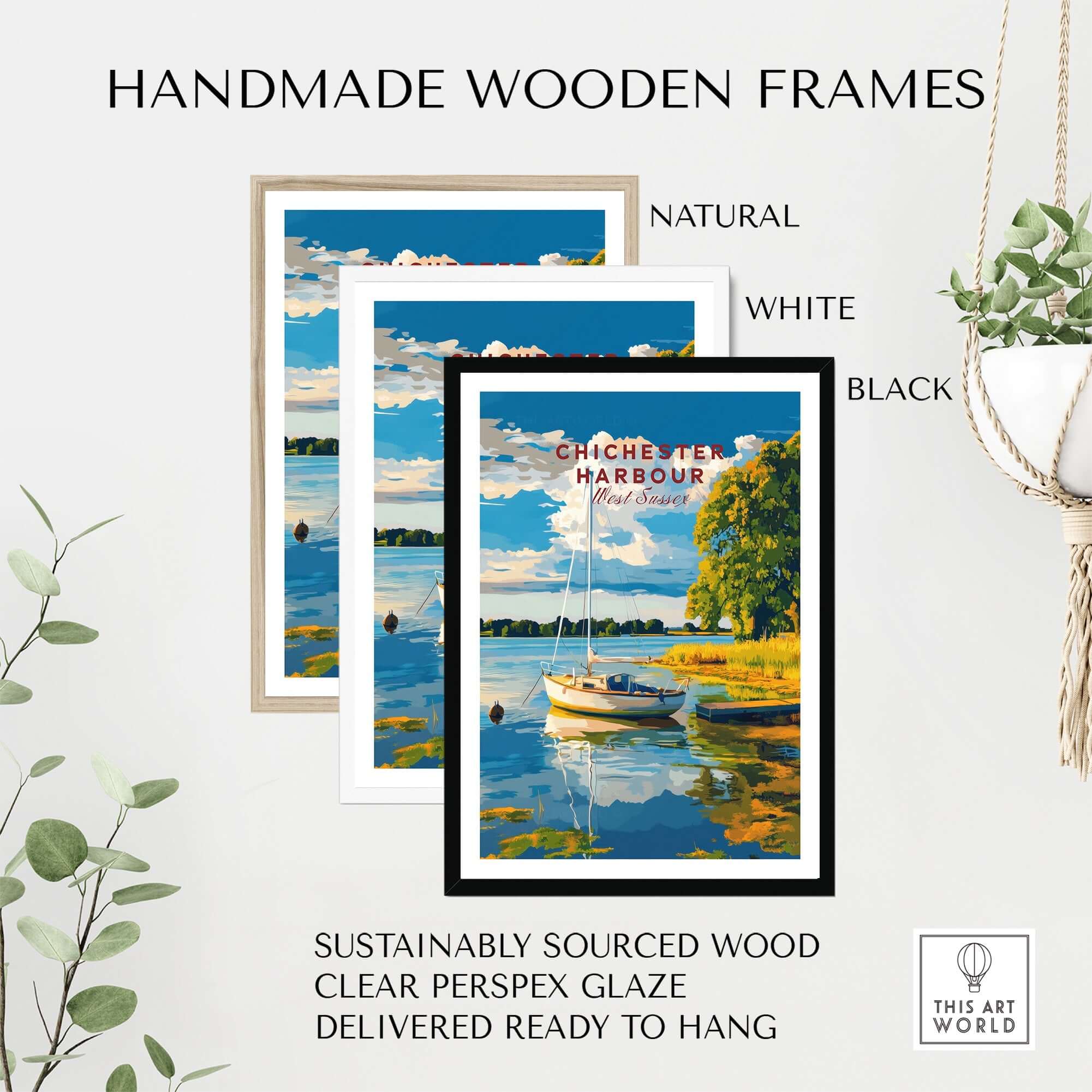 Chichester Harbour Wall Art framed in handmade wooden frames available in natural, white, and black.