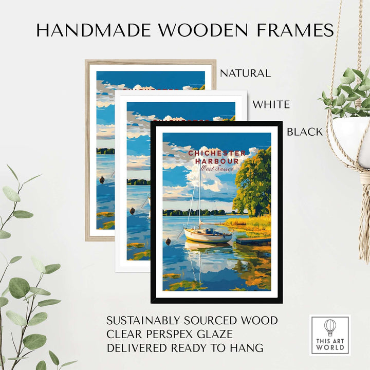 Chichester Harbour wall art in handmade wooden frames in natural, white, and black options, ready to hang.