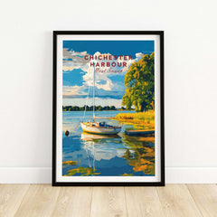 Chichester Harbour Wall Art featuring a serene boat scene reflecting on water.