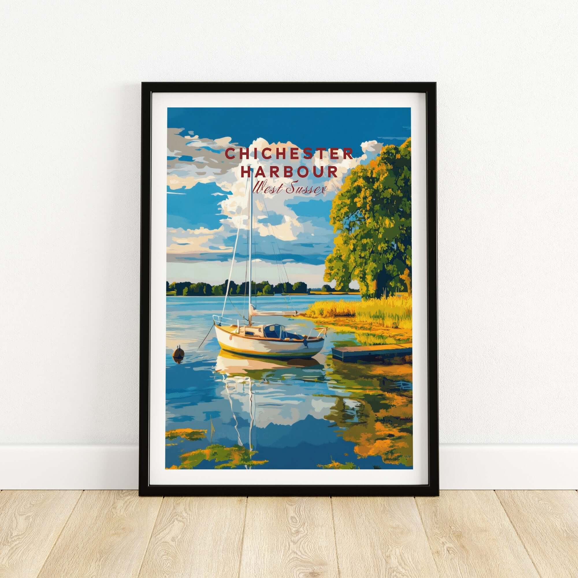 Chichester Harbour Wall Art featuring a serene boat scene reflecting on water.