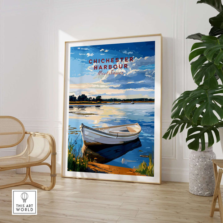 Chichester Harbour travel print featuring a boat on serene waters, showcasing West Sussex's natural beauty. Perfect for home decor.