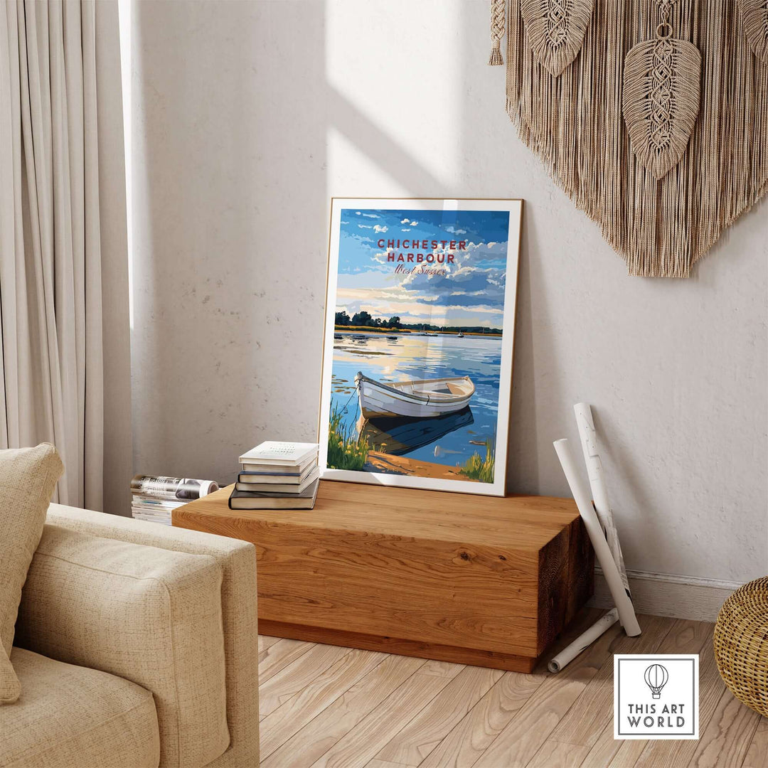 Chichester Harbour travel print featuring a serene landscape with a boat on calm waters, perfect for home decor.