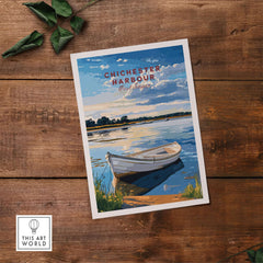 Chichester Harbour West Sussex England Travel Print showcasing a serene boat scene on calm waters.