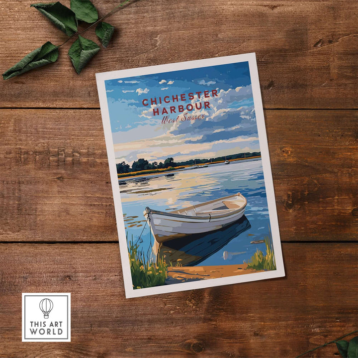 Chichester Harbour travel print featuring a serene boat on calm waters, capturing the beauty of West Sussex, England.