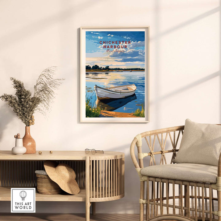 Chichester Harbour travel print featuring a boat on calm waters, displayed in a modern home setting.