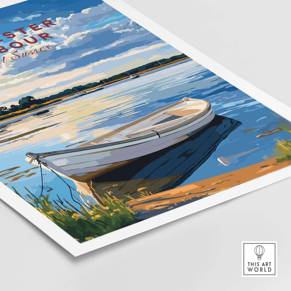 Chichester Harbour travel print featuring a serene boat on the water, capturing the beauty of West Sussex, England.