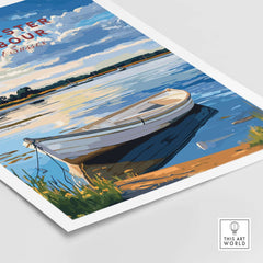 Chichester Harbour West Sussex England Travel Print featuring a serene boat by the water.