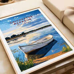 Chichester Harbour West Sussex England Travel Print featuring a serene boat on water under a cloudy sky.