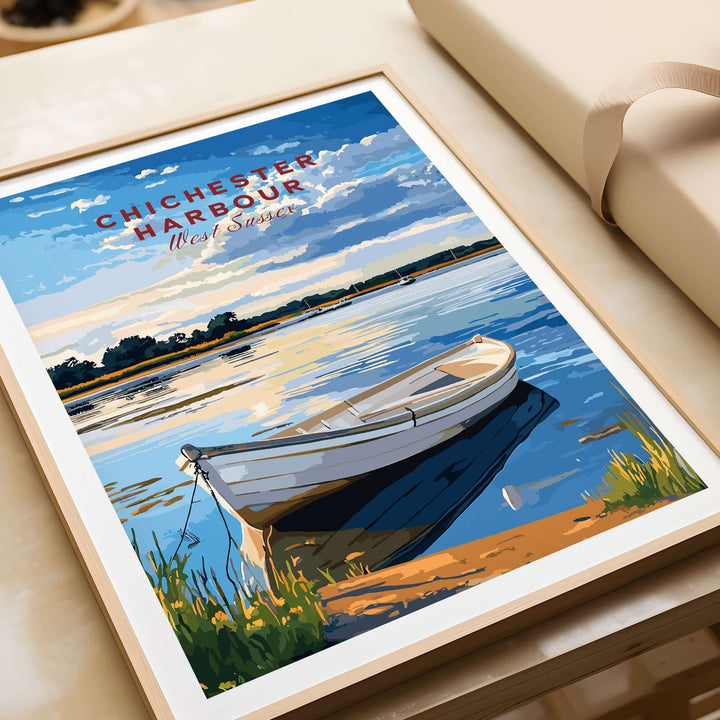 Chichester Harbour West Sussex travel print featuring a serene boat on the water surrounded by a picturesque landscape.