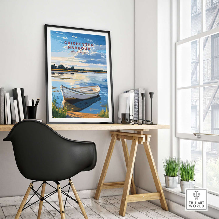 Chichester Harbour travel print in a stylish workspace with a chair and desk, showcasing a serene landscape of West Sussex, England.