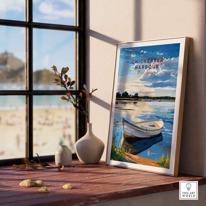 Chichester Harbour travel print displayed in a bright room with a view of the beach, capturing the beauty of West Sussex, England.