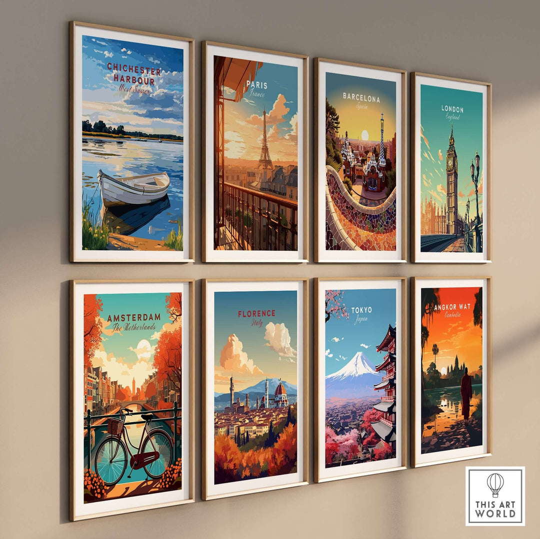 A collection of travel prints featuring Chichester Harbour, Paris, Barcelona, London, Amsterdam, Florence, Tokyo, and Singapore.