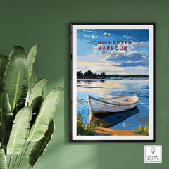 Chichester Harbour West Sussex England Travel Print displayed in a stylish frame with a scenic landscape and boat.