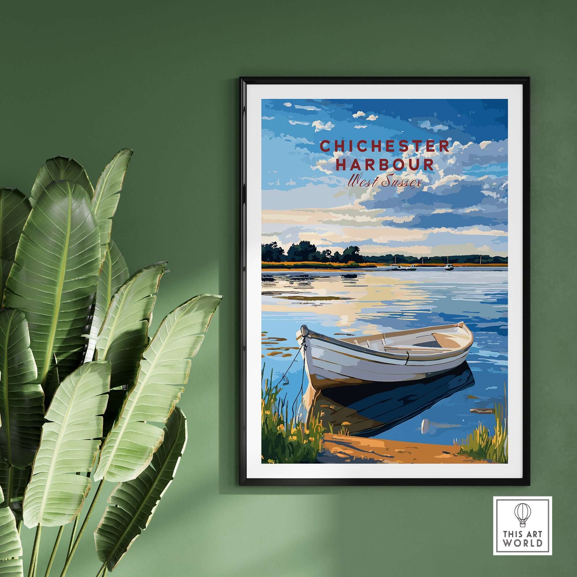 Chichester Harbour West Sussex England Travel Print displayed in a stylish frame with a scenic landscape and boat.