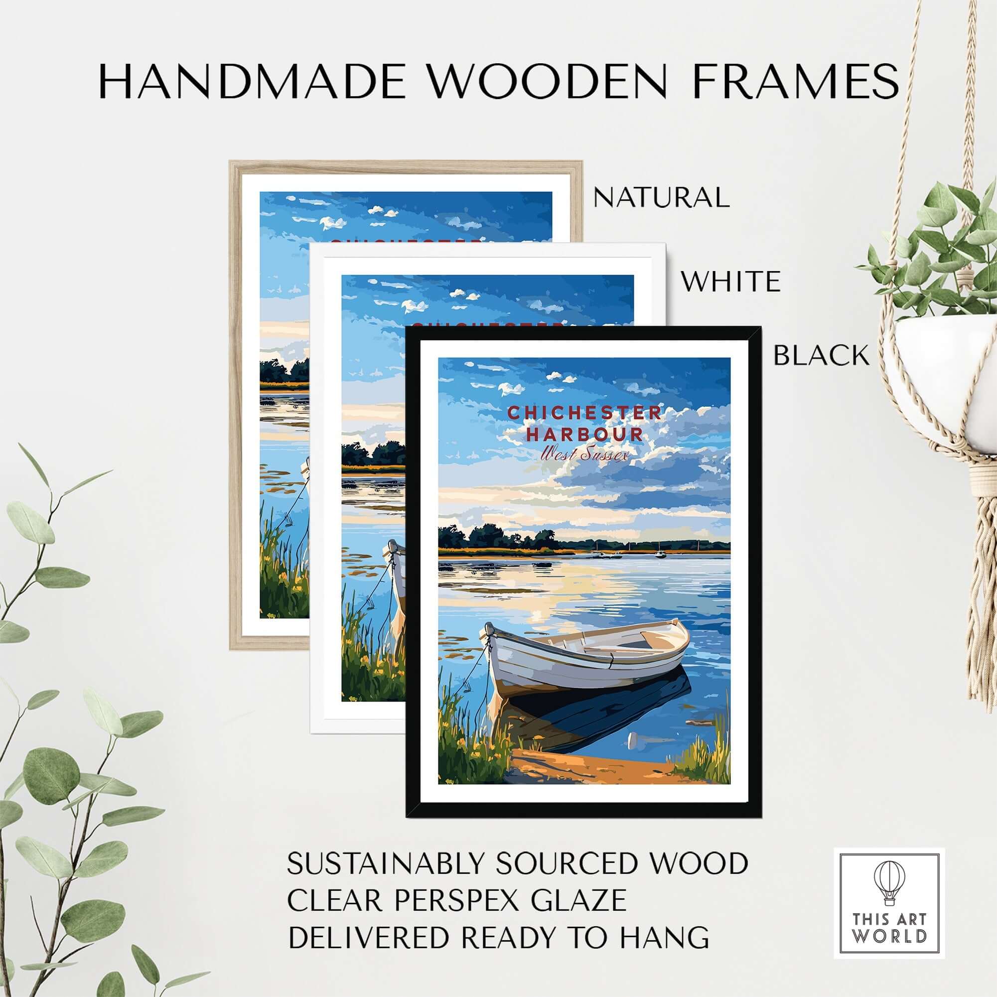 Chichester Harbour West Sussex England Travel Print displayed in handmade wooden frames in natural, white, and black.
