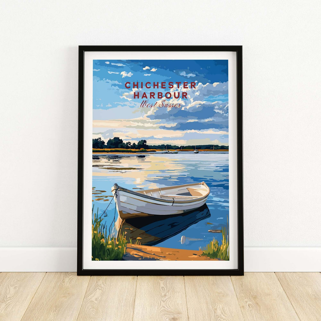 Chichester Harbour travel print featuring a serene boat on calm waters under a vibrant sky. Perfect for home decor.