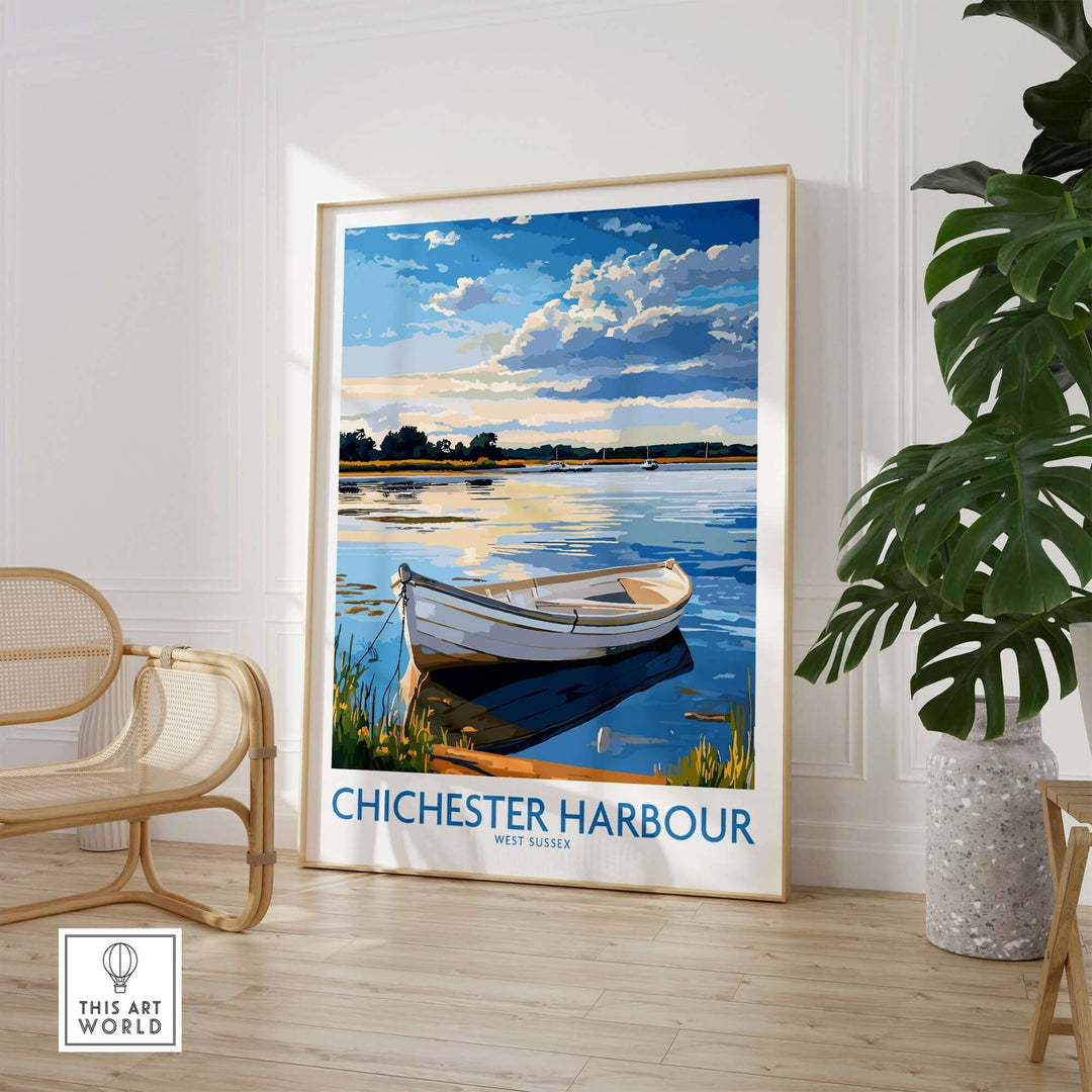 Chichester Harbour wall art print featuring a boat and scenic landscape in West Sussex, England, enhancing home decor.