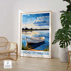 Chichester Harbour West Sussex England Wall Art Print featuring a serene boat scene in a bright, colorful landscape.