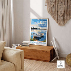 Chichester Harbour West Sussex England Wall Art Print displayed in a stylish living room setting with wooden decor.