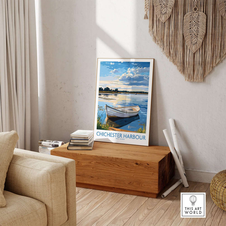 Chichester Harbour wall art print featuring a serene boat scene in West Sussex, elegantly displayed in a stylish living room.