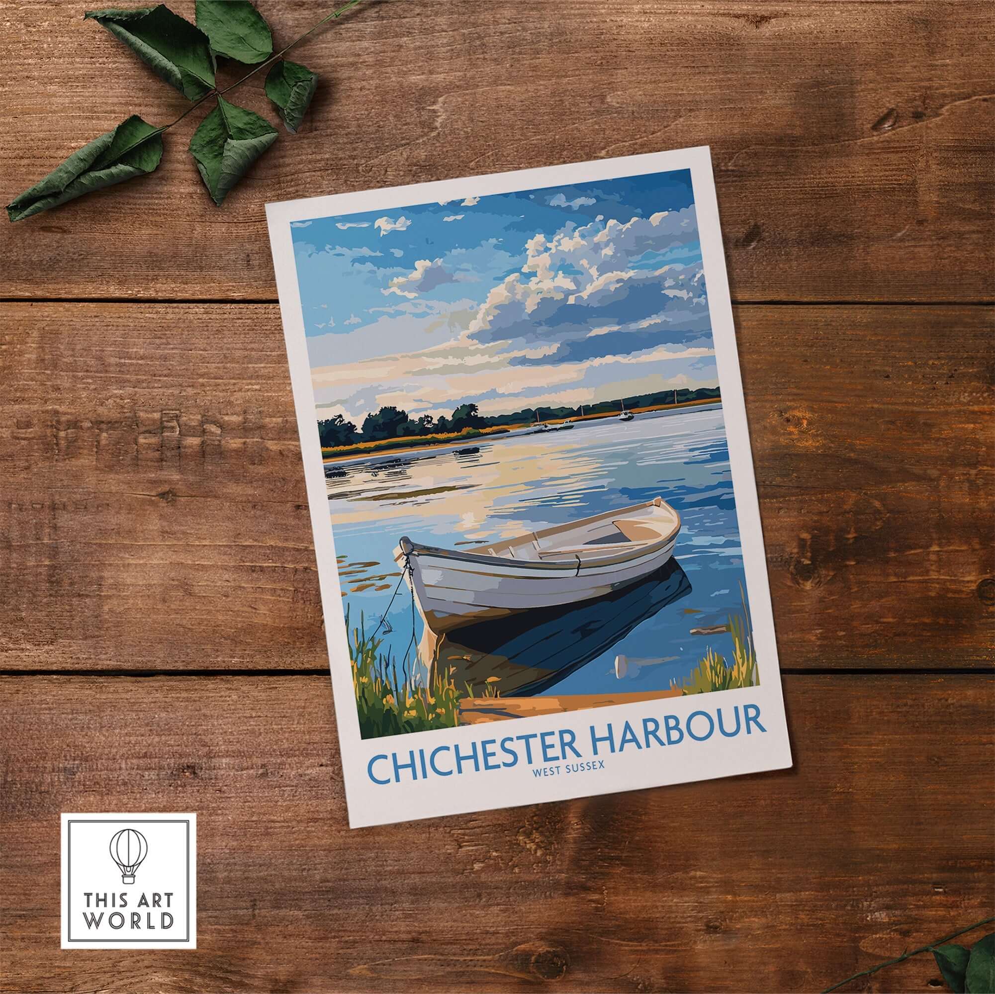 Chichester Harbour West Sussex England Wall Art Print depicting a boat on calm waters and scenic skies.