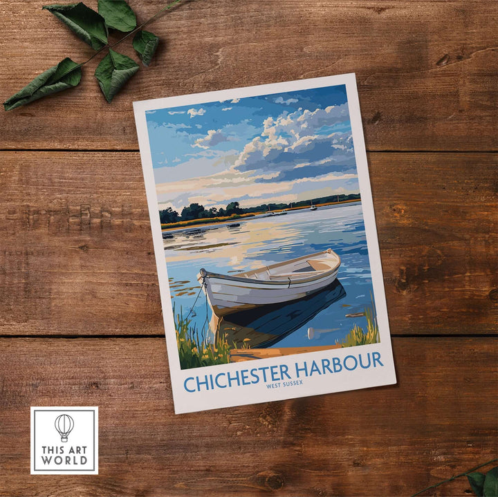 Chichester Harbour West Sussex wall art print featuring a serene boat on calm waters and beautiful clouds.